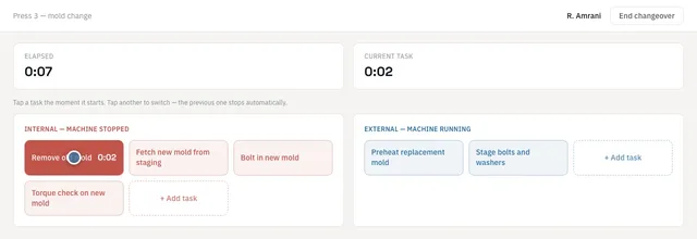 SMED capture screen with internal tasks on the left and external tasks on the right